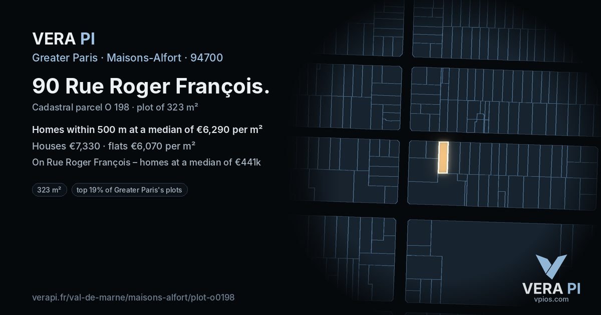 90 Rue Roger François, Maisons-Alfort at night – the plot lit, the parcels around coloured by the prices near them