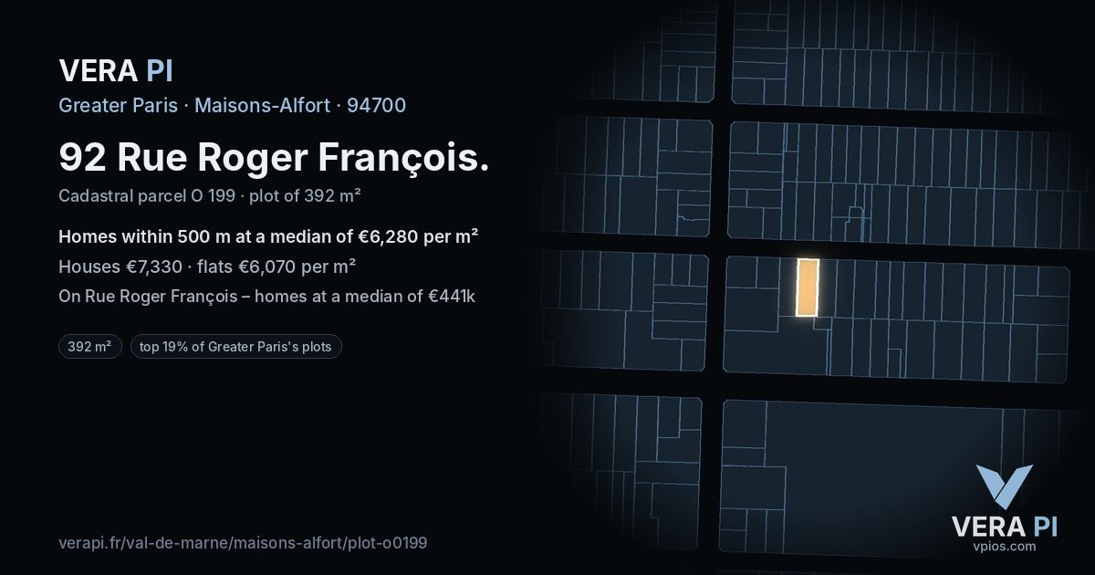 92 Rue Roger François, Maisons-Alfort at night – the plot lit, the parcels around coloured by the prices near them
