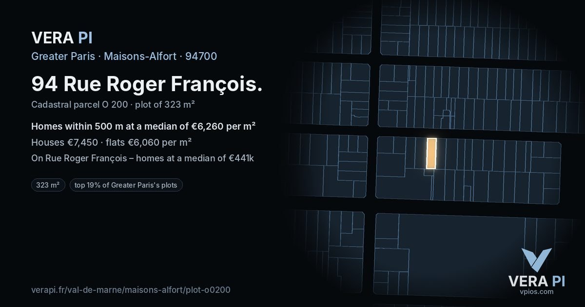 94 Rue Roger François, Maisons-Alfort at night – the plot lit, the parcels around coloured by the prices near them