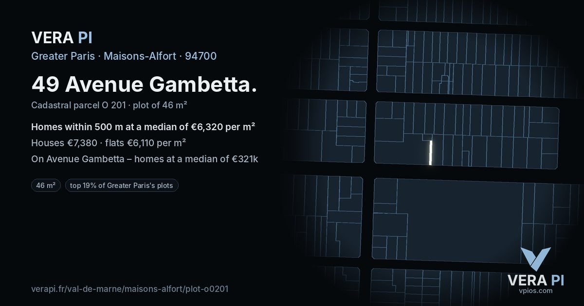 49 Avenue Gambetta, Maisons-Alfort at night – the plot lit, the parcels around coloured by the prices near them