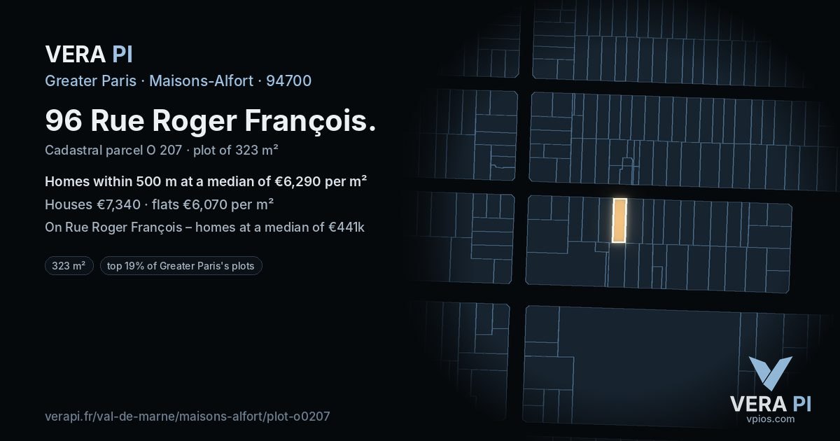 96 Rue Roger François, Maisons-Alfort at night – the plot lit, the parcels around coloured by the prices near them