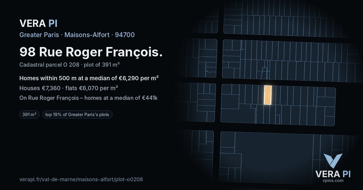 98 Rue Roger François, Maisons-Alfort at night – the plot lit, the parcels around coloured by the prices near them