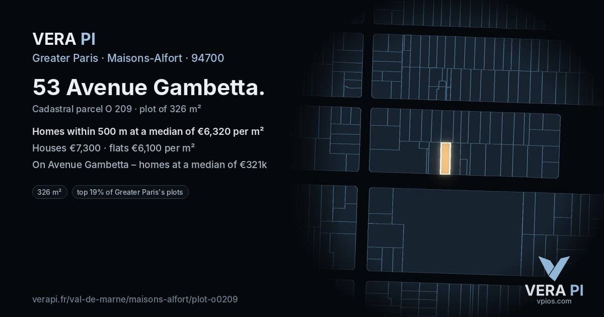 53 Avenue Gambetta, Maisons-Alfort at night – the plot lit, the parcels around coloured by the prices near them