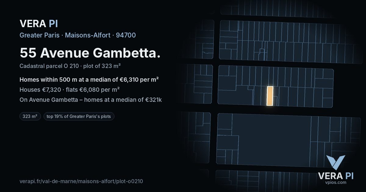 55 Avenue Gambetta, Maisons-Alfort at night – the plot lit, the parcels around coloured by the prices near them