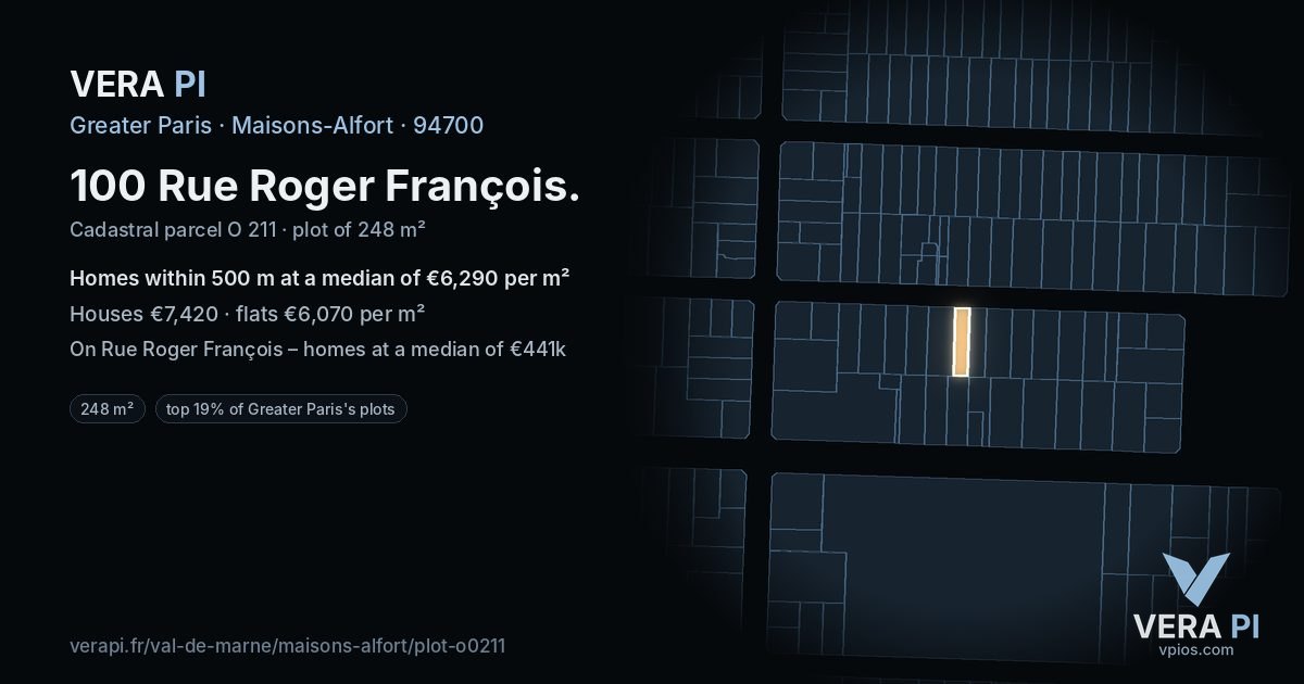 100 Rue Roger François, Maisons-Alfort at night – the plot lit, the parcels around coloured by the prices near them