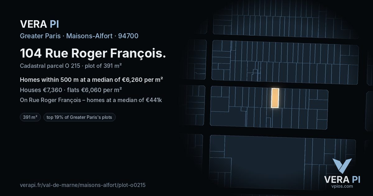 104 Rue Roger François, Maisons-Alfort at night – the plot lit, the parcels around coloured by the prices near them