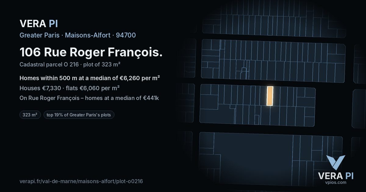 106 Rue Roger François, Maisons-Alfort at night – the plot lit, the parcels around coloured by the prices near them