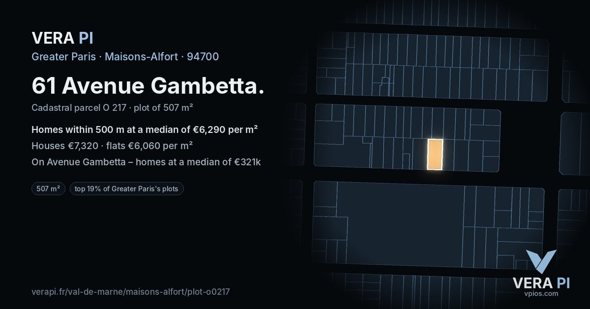 61 Avenue Gambetta, Maisons-Alfort at night – the plot lit, the parcels around coloured by the prices near them