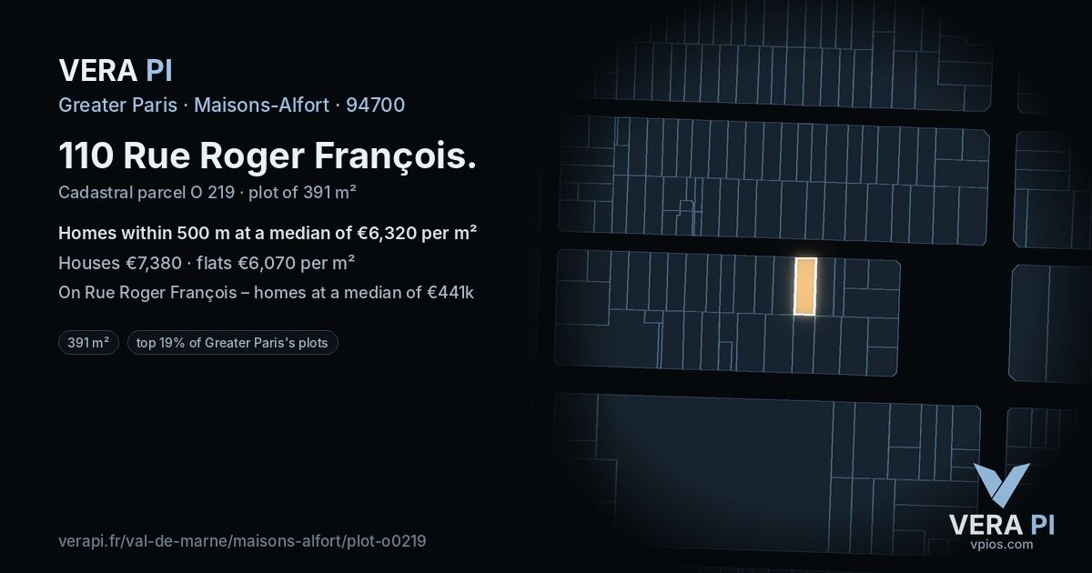 110 Rue Roger François, Maisons-Alfort at night – the plot lit, the parcels around coloured by the prices near them