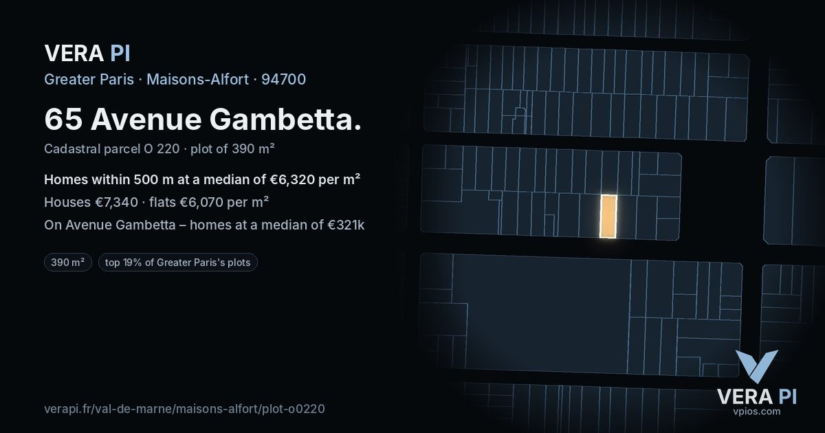 65 Avenue Gambetta, Maisons-Alfort at night – the plot lit, the parcels around coloured by the prices near them