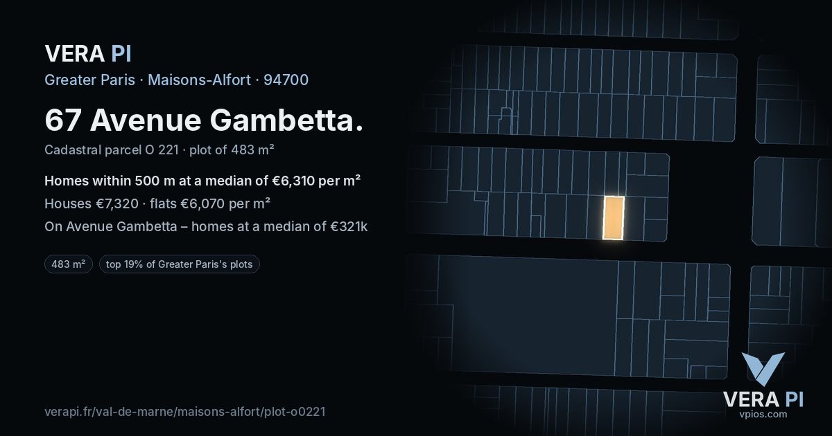 67 Avenue Gambetta, Maisons-Alfort at night – the plot lit, the parcels around coloured by the prices near them