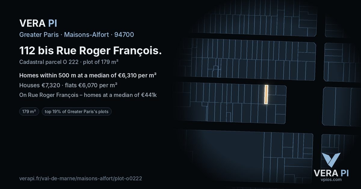112 bis Rue Roger François, Maisons-Alfort at night – the plot lit, the parcels around coloured by the prices near them