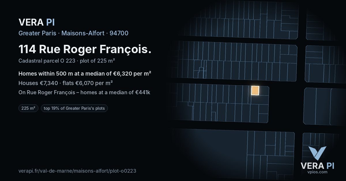 114 Rue Roger François, Maisons-Alfort at night – the plot lit, the parcels around coloured by the prices near them