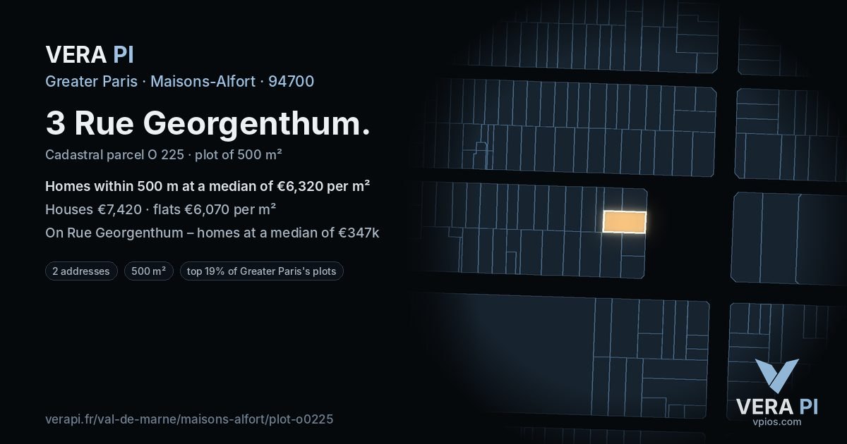 3 Rue Georgenthum, Maisons-Alfort at night – the plot lit, the parcels around coloured by the prices near them