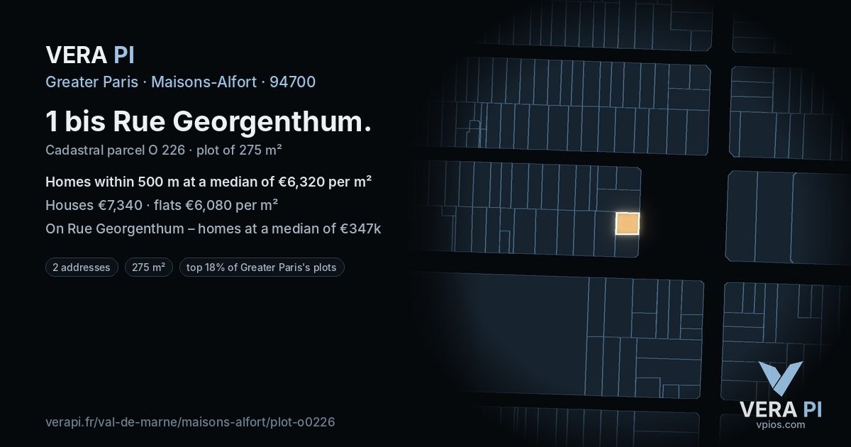 1 bis Rue Georgenthum, Maisons-Alfort at night – the plot lit, the parcels around coloured by the prices near them