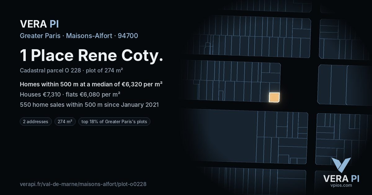 1 Place Rene Coty, Maisons-Alfort at night – the plot lit, the parcels around coloured by the prices near them