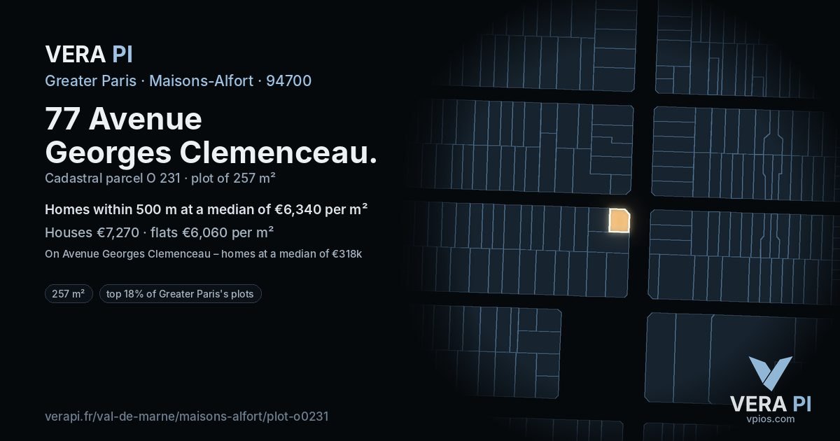 77 Avenue Georges Clemenceau, Maisons-Alfort at night – the plot lit, the parcels around coloured by the prices near them
