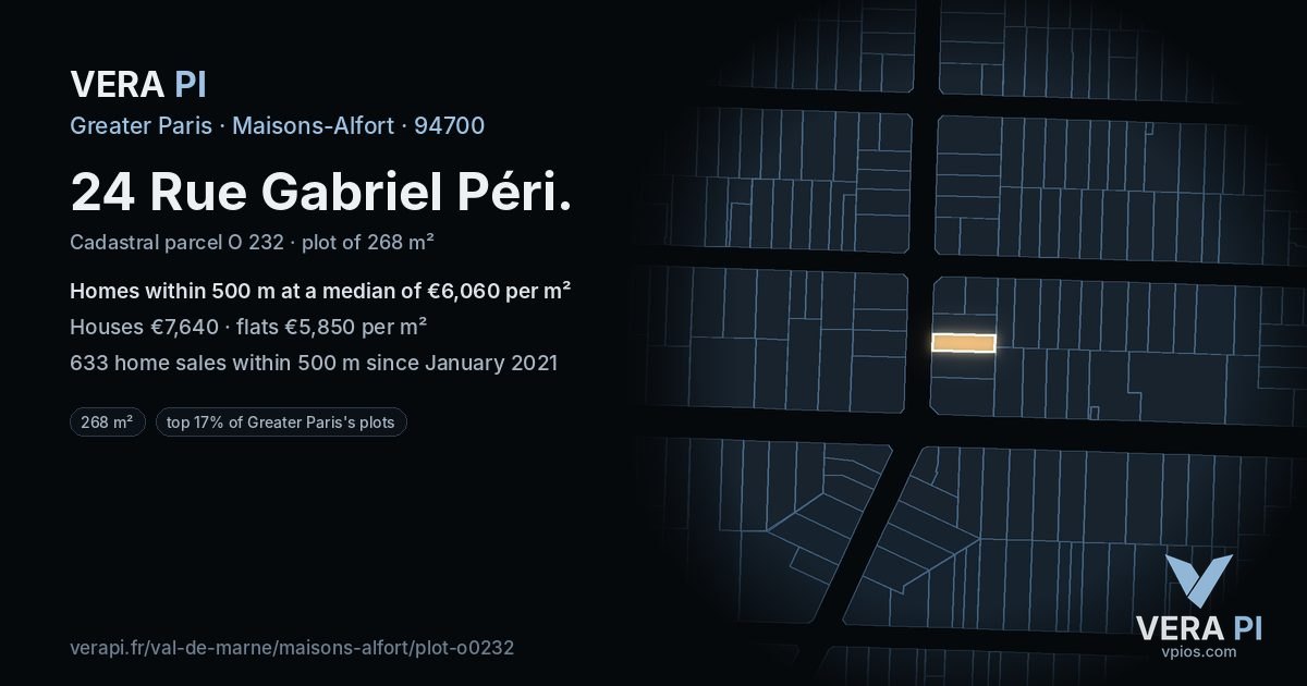 24 Rue Gabriel Péri, Maisons-Alfort at night – the plot lit, the parcels around coloured by the prices near them