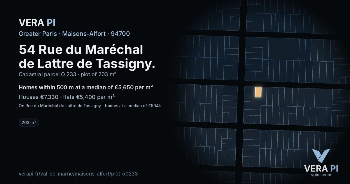 54 Rue du Maréchal de Lattre de Tassigny, Maisons-Alfort at night – the plot lit, the parcels around coloured by the prices near them