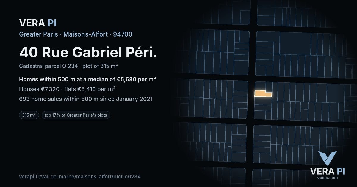 40 Rue Gabriel Péri, Maisons-Alfort at night – the plot lit, the parcels around coloured by the prices near them