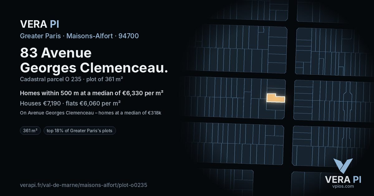 83 Avenue Georges Clemenceau, Maisons-Alfort at night – the plot lit, the parcels around coloured by the prices near them