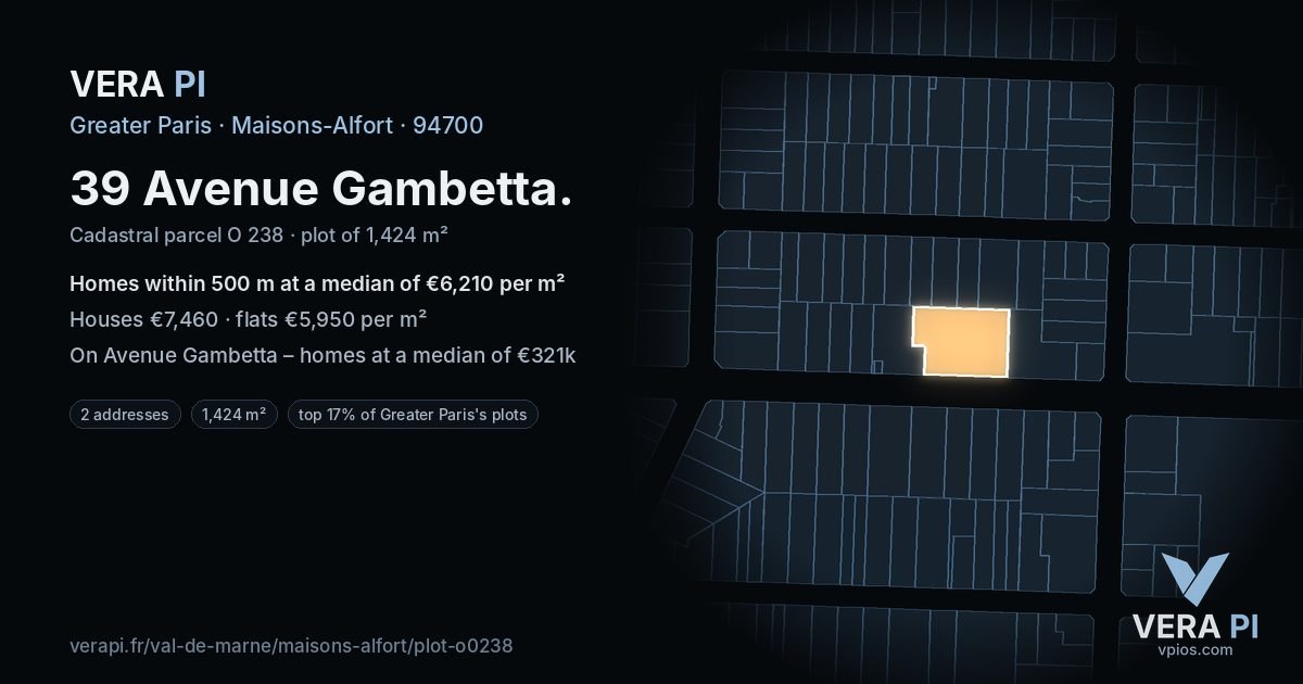 39 Avenue Gambetta, Maisons-Alfort at night – the plot lit, the parcels around coloured by the prices near them