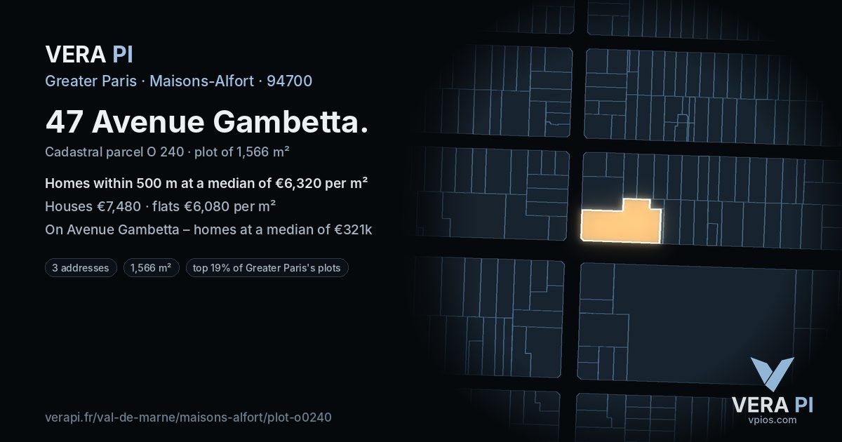 47 Avenue Gambetta, Maisons-Alfort at night – the plot lit, the parcels around coloured by the prices near them