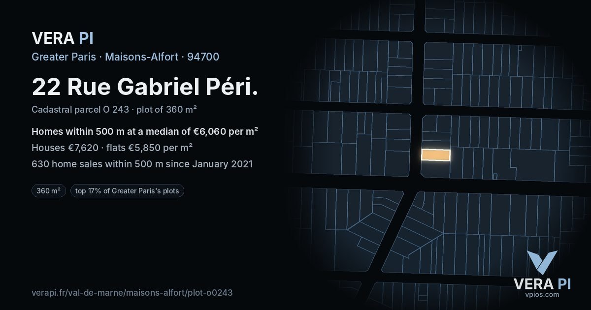 22 Rue Gabriel Péri, Maisons-Alfort at night – the plot lit, the parcels around coloured by the prices near them