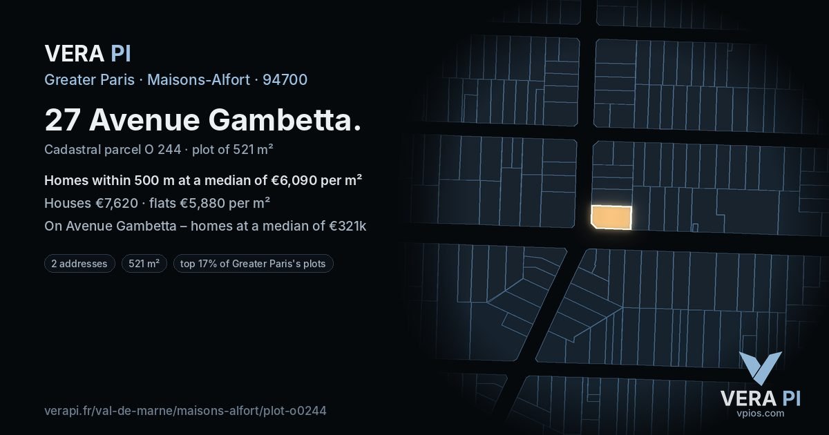 27 Avenue Gambetta, Maisons-Alfort at night – the plot lit, the parcels around coloured by the prices near them