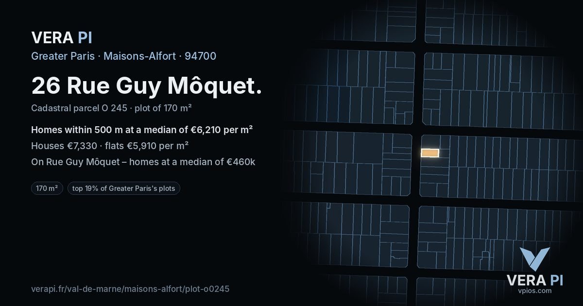 26 Rue Guy Môquet, Maisons-Alfort at night – the plot lit, the parcels around coloured by the prices near them