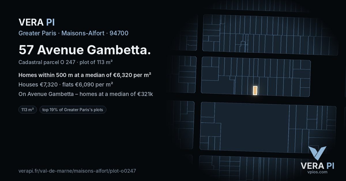 57 Avenue Gambetta, Maisons-Alfort at night – the plot lit, the parcels around coloured by the prices near them