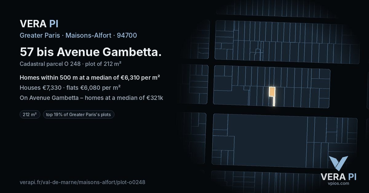 57 bis Avenue Gambetta, Maisons-Alfort at night – the plot lit, the parcels around coloured by the prices near them