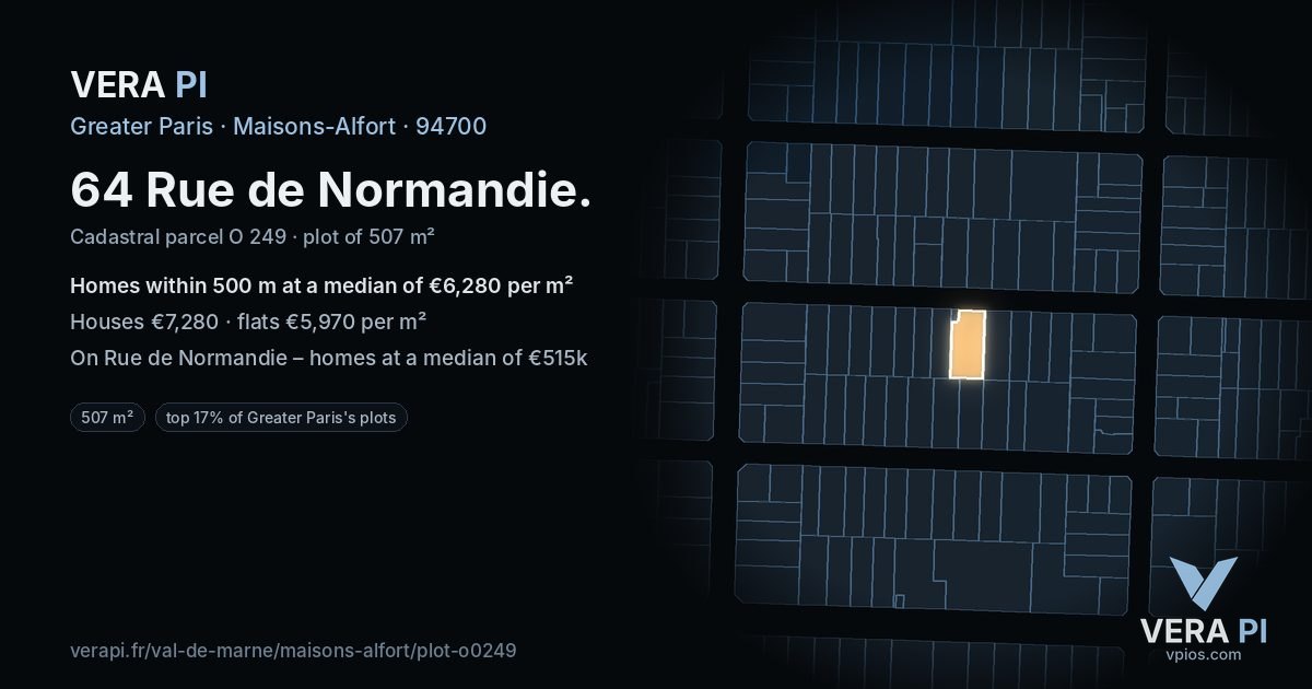 64 Rue de Normandie, Maisons-Alfort at night – the plot lit, the parcels around coloured by the prices near them