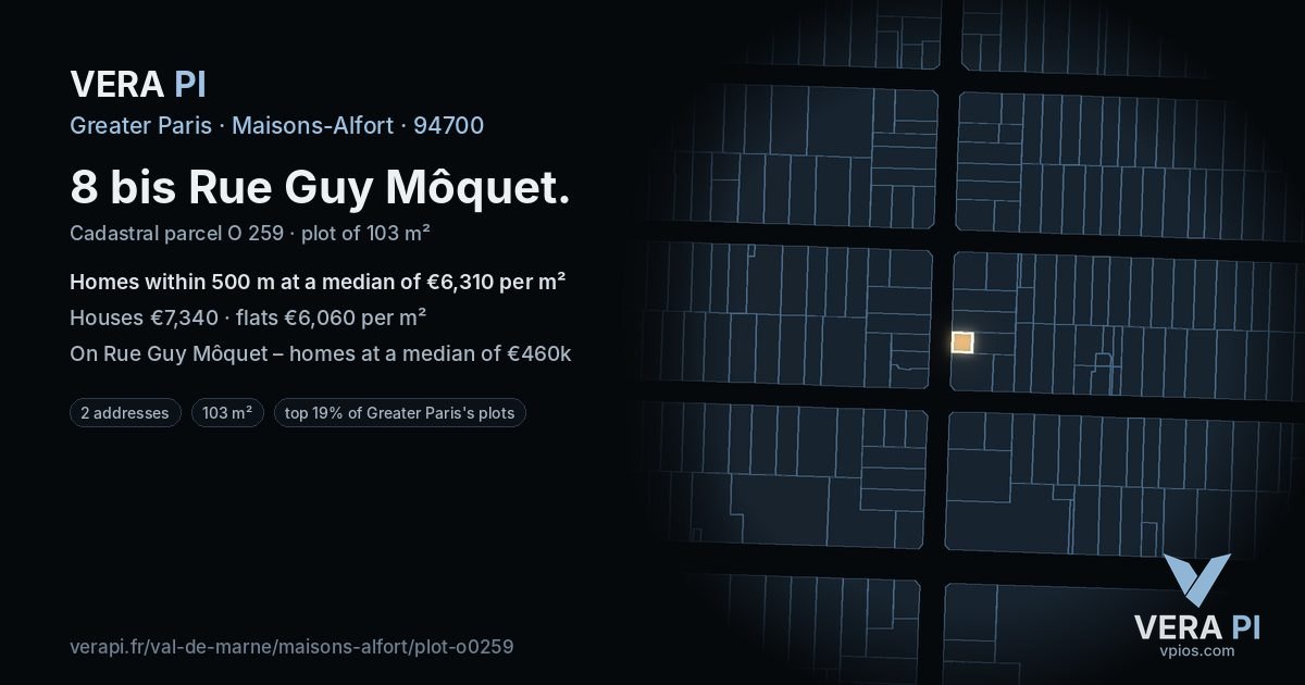 8 bis Rue Guy Môquet, Maisons-Alfort at night – the plot lit, the parcels around coloured by the prices near them