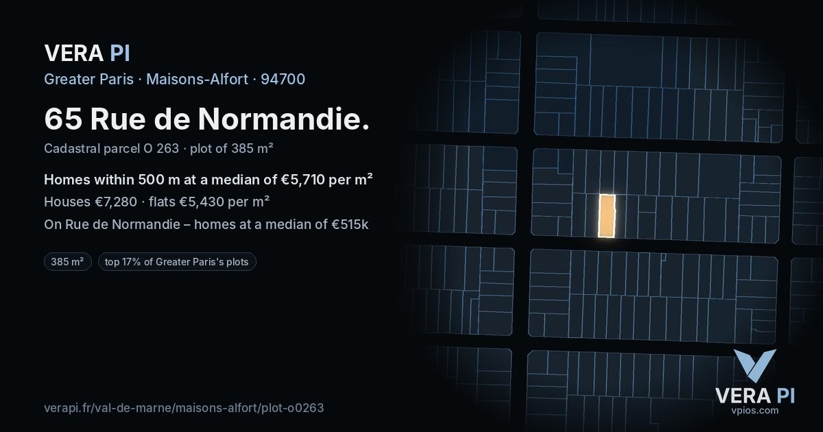 65 Rue de Normandie, Maisons-Alfort at night – the plot lit, the parcels around coloured by the prices near them