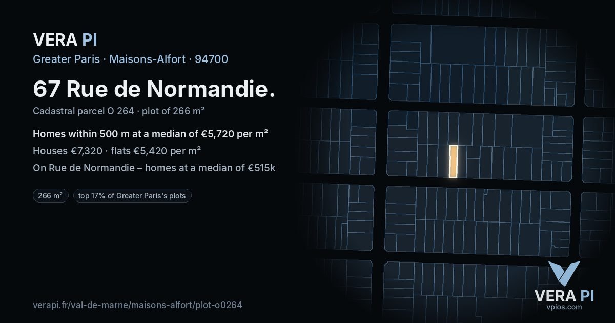 67 Rue de Normandie, Maisons-Alfort at night – the plot lit, the parcels around coloured by the prices near them