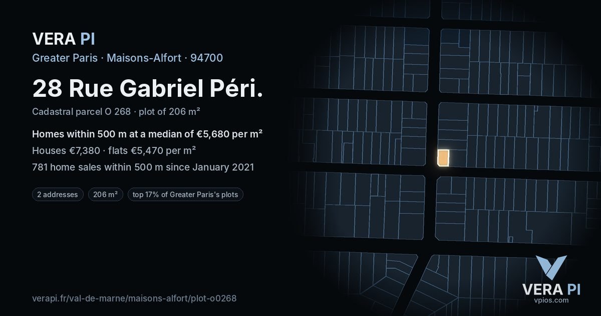 28 Rue Gabriel Péri, Maisons-Alfort at night – the plot lit, the parcels around coloured by the prices near them