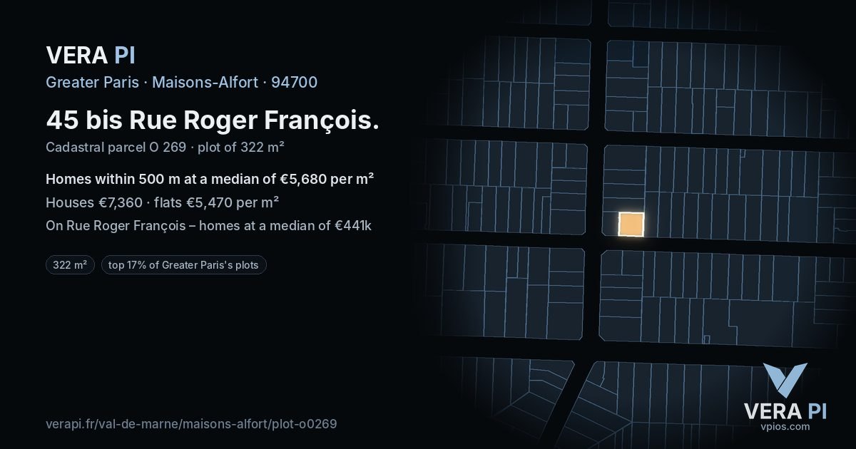 45 bis Rue Roger François, Maisons-Alfort at night – the plot lit, the parcels around coloured by the prices near them