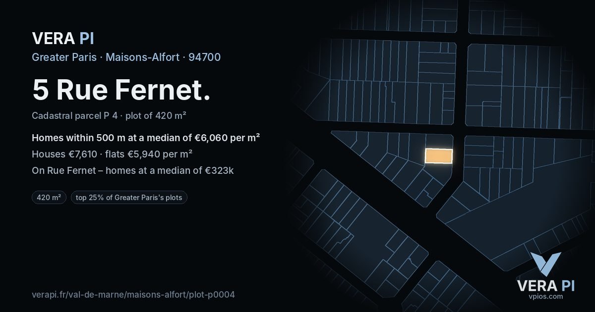 5 Rue Fernet, Maisons-Alfort at night – the plot lit, the parcels around coloured by the prices near them