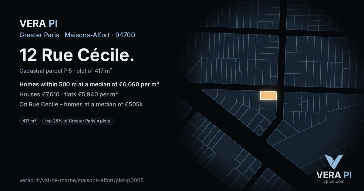 12 Rue Cécile, Maisons-Alfort at night – the plot lit, the parcels around coloured by the prices near them