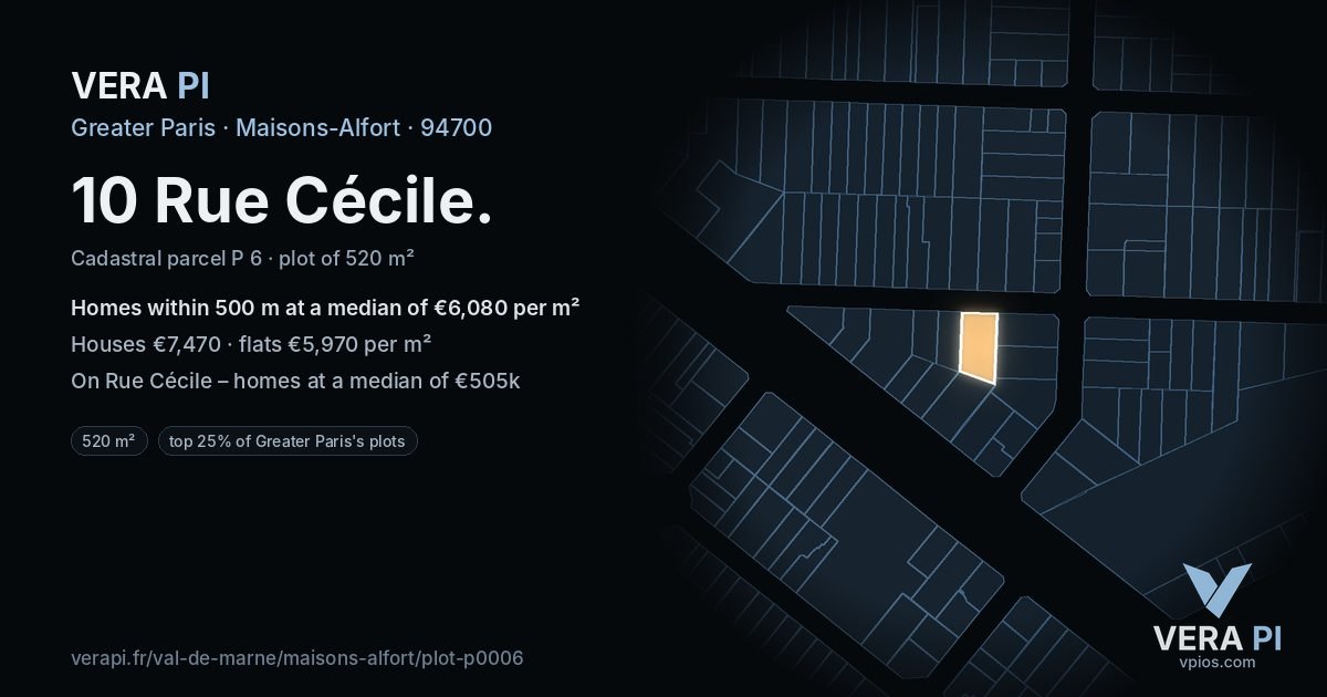 10 Rue Cécile, Maisons-Alfort at night – the plot lit, the parcels around coloured by the prices near them