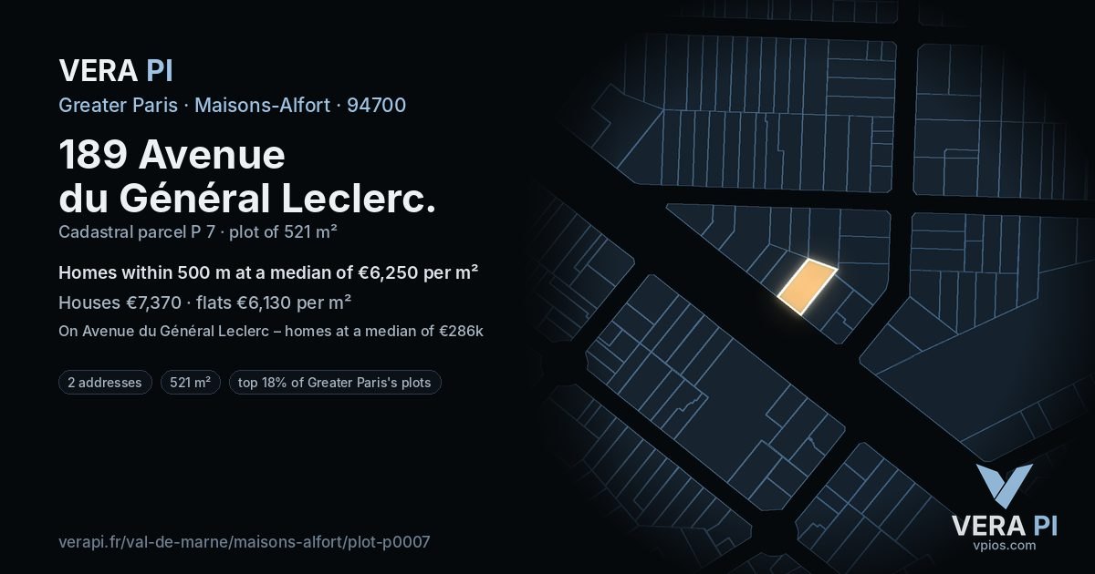189 Avenue du Général Leclerc, Maisons-Alfort at night – the plot lit, the parcels around coloured by the prices near them