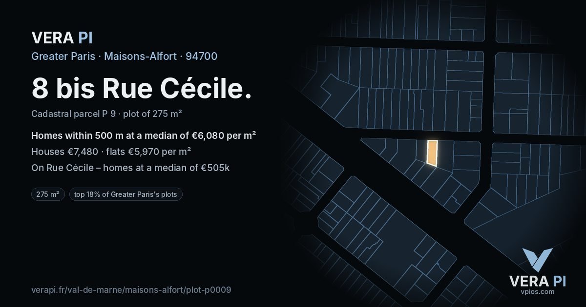 8 bis Rue Cécile, Maisons-Alfort at night – the plot lit, the parcels around coloured by the prices near them