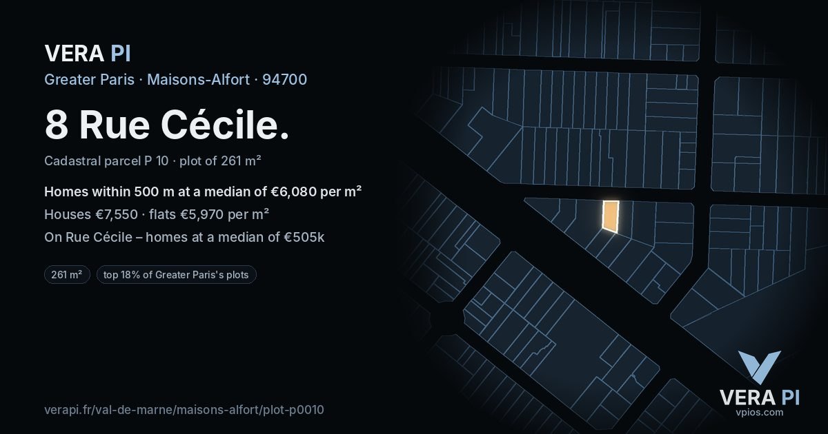 8 Rue Cécile, Maisons-Alfort at night – the plot lit, the parcels around coloured by the prices near them