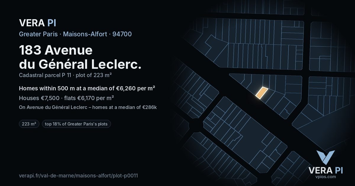 183 Avenue du Général Leclerc, Maisons-Alfort at night – the plot lit, the parcels around coloured by the prices near them