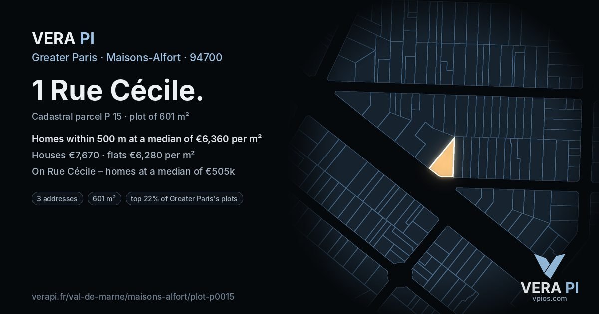 1 Rue Cécile, Maisons-Alfort at night – the plot lit, the parcels around coloured by the prices near them