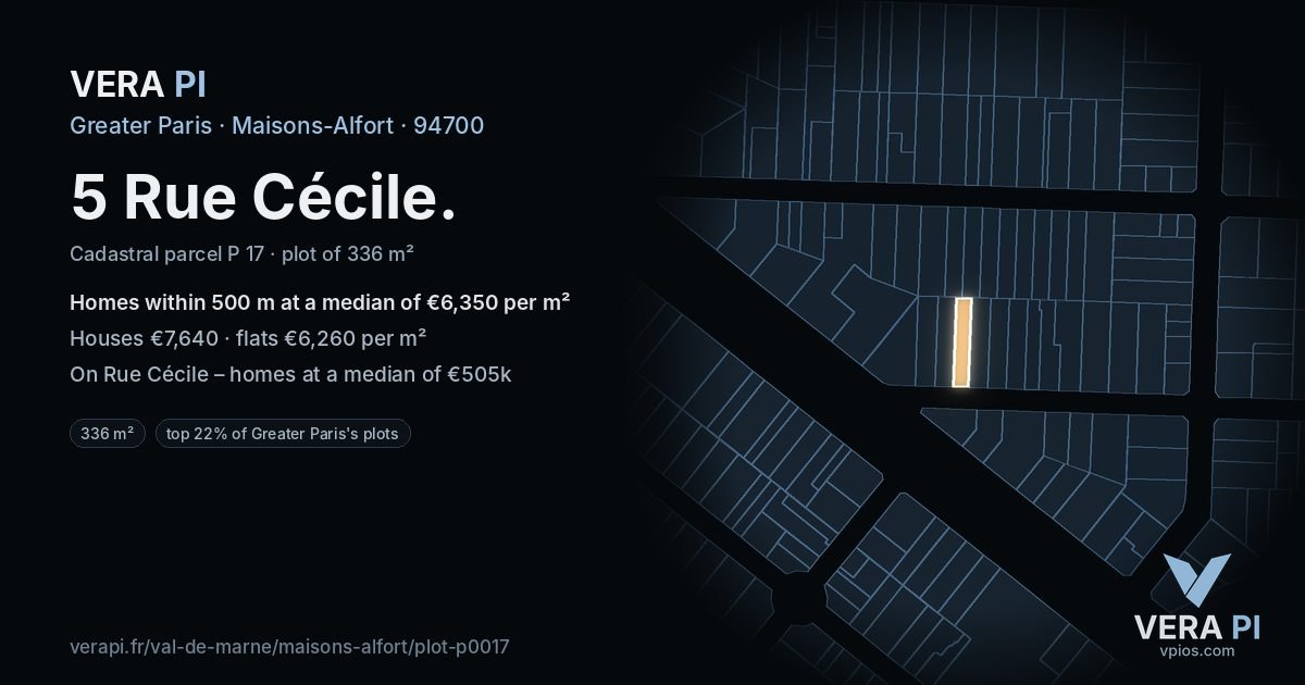 5 Rue Cécile, Maisons-Alfort at night – the plot lit, the parcels around coloured by the prices near them