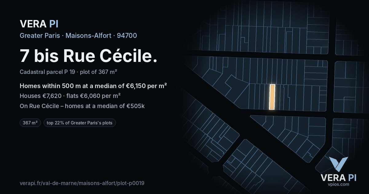 7 bis Rue Cécile, Maisons-Alfort at night – the plot lit, the parcels around coloured by the prices near them
