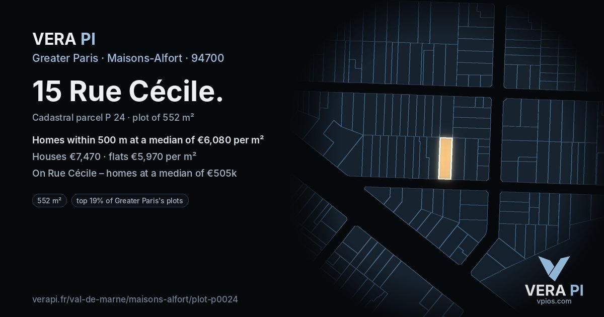 15 Rue Cécile, Maisons-Alfort at night – the plot lit, the parcels around coloured by the prices near them
