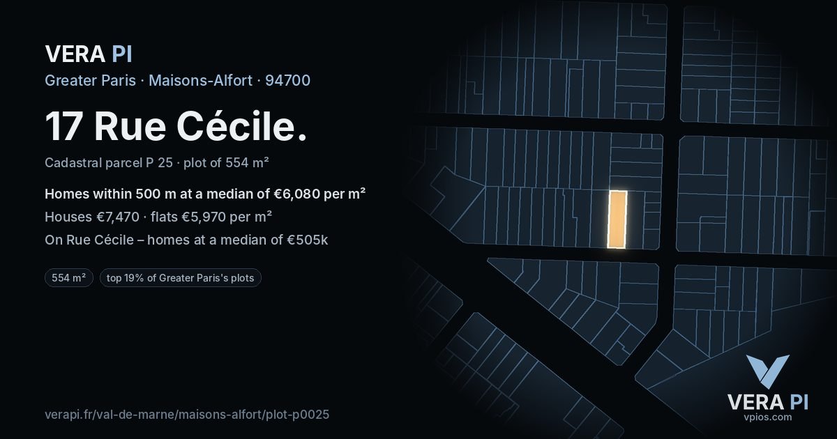 17 Rue Cécile, Maisons-Alfort at night – the plot lit, the parcels around coloured by the prices near them